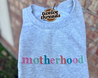 Embroidered motherhood pastel thread colors, spring mama t shirt, embroidery, embroidered comfort colors, mom, mama, Mother’s Day, Gildan