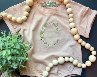 Embroidered kids t shirt/bubble romper - floral initial - bubble romper - t shirt - baby romper - flower embroidery