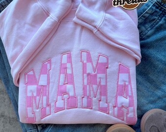 Pink checkered applique name, embroidered applique design, embroidery, pink, trendy checkered, comfort colors and Hanes and Gildan crewneck