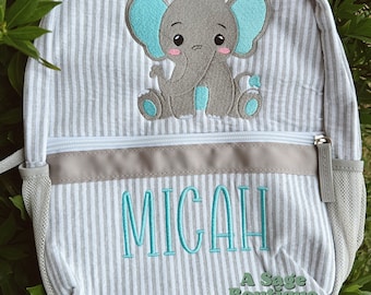 Embroidered Seersucker backpack - diaper bag- elephant - kids backpack - diaper bag - adult backpack - embroidered backpack - embroidery