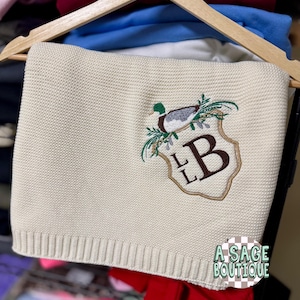 Embroidered crested mallard  knitted blanket quilt with custom monogram, personalized baby blanket, baby quilt, embroidered custom blanket