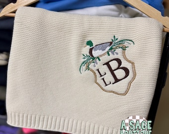 Embroidered crested mallard  knitted blanket quilt with custom monogram, personalized baby blanket, baby quilt, embroidered custom blanket