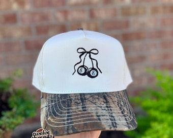 Embroidered 8 ball cherry, cut stitched otto cap, 5 panel Otto cap, trucker hat, custom embroidery, embroidery trucker hat, monochrome look