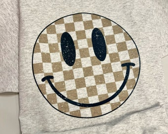 Checkered Smiley Face - Adult - Sweatshirt - graphic tee - smiley - checkered print - happy - checkered - trendy - retro - retro smiley face