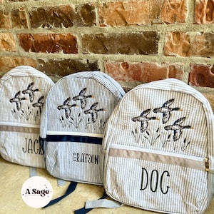 Embroidered Seersucker backpack - mallard ducks gingham - kids backpack - diaper bag - adult backpack - embroidered backpack - embroidery