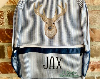 Embroidered Seersucker backpack - deer - deer season - kids backpack - diaper bag - adult backpack - embroidered backpack - embroidery