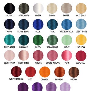May include: A color chart titled THREAD COLOR OPTIONS displaying thirty-four circular swatches of embroidery thread in various shades including black, gray, white, ivory, blue, green, yellow, pink, red, orange, brown, and purple.