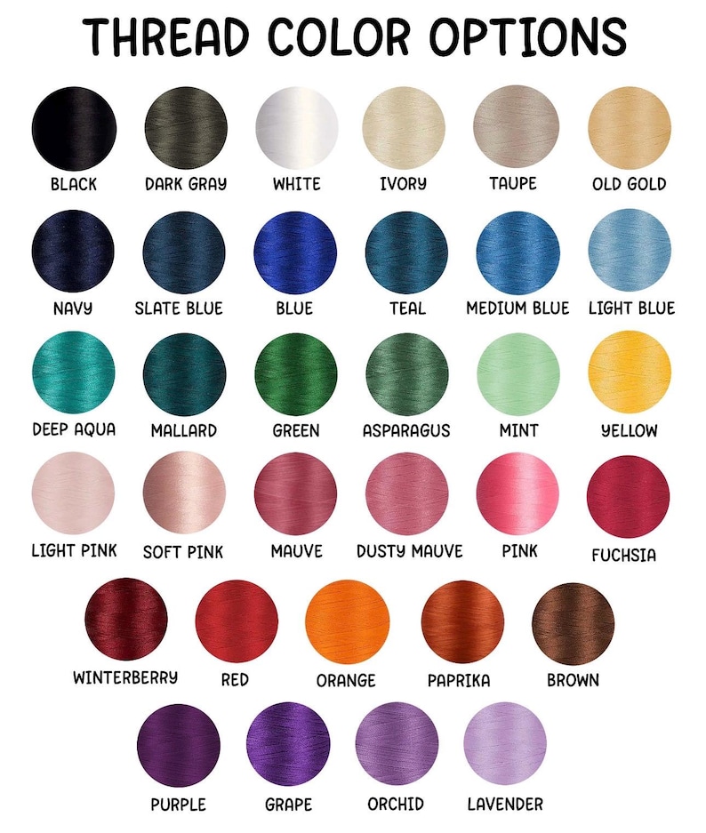 May include: A color chart titled THREAD COLOR OPTIONS displaying thirty-four circular swatches of embroidery thread in various shades including black, gray, white, ivory, blue, green, yellow, pink, red, orange, brown, and purple.