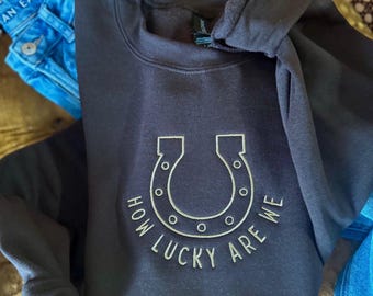 Embroidered how lucky are we, horseshoe lucky, embroidery, country song, trendy embroidered t shirt crewneck, comfort colors, music trends