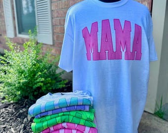 Varsity mama t shirt, sublimation on Gildan dry blend tee, unisex fit t shirt, mama, name custom t shirt, Gildan