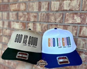 Embroidered GOD is good all the time Otto cap, 5 panel Otto cap, trucker hat, custom embroidery, embroidery trucker hat, monochrome look