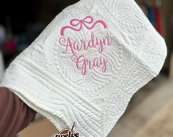 Embroidered coquette bow heirloom quilt with custom monogram, personalized baby blanket, baby gir quilt, embroidered custom heirloom blanket