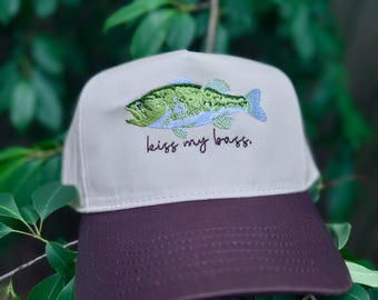 Embroidered kiss my bass, bass fish, Otto cap, 5 panel Otto cap, trucker hat, custom embroidery,embroidery trucker hat, funny saying, jokes,