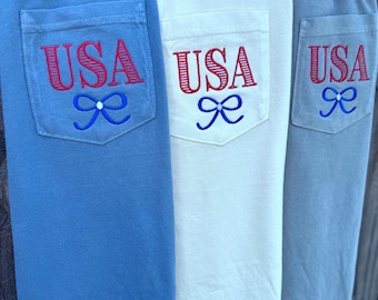 USA embroidered pocket comfort colors t shirt, embroidered tank top, patriotic, coquette bow, red white and blue, American flag, memorial