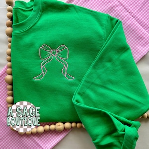 Embroidered coquette bow, pocket design, embroidery, girly sweatshirt, comfort colors t shirt, embroidered, youth girls t shirt, pink, bow