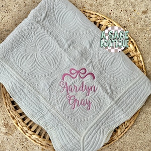 Embroidered coquette bow heirloom quilt with custom monogram, personalized baby blanket, baby gir quilt, embroidered custom heirloom blanket