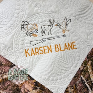 Embroidered hunting heirloom quilt with custom monogram, personalized baby blanket, baby boy quilt, embroidered custom heirloom blanket
