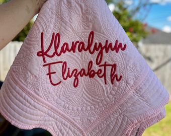 Embroidered custom name heirloom quilt with custom monogram, personalized baby blanket, baby girl quilt, embroidered custom heirloom blanket