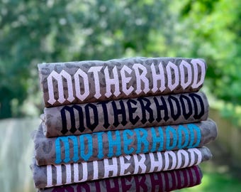 Embroidered motherhood punk rock font, mama t shirt, embroidery, embroidered comfort colors, mom, mama, Mother’s Day, Gildan, motherhood,tee