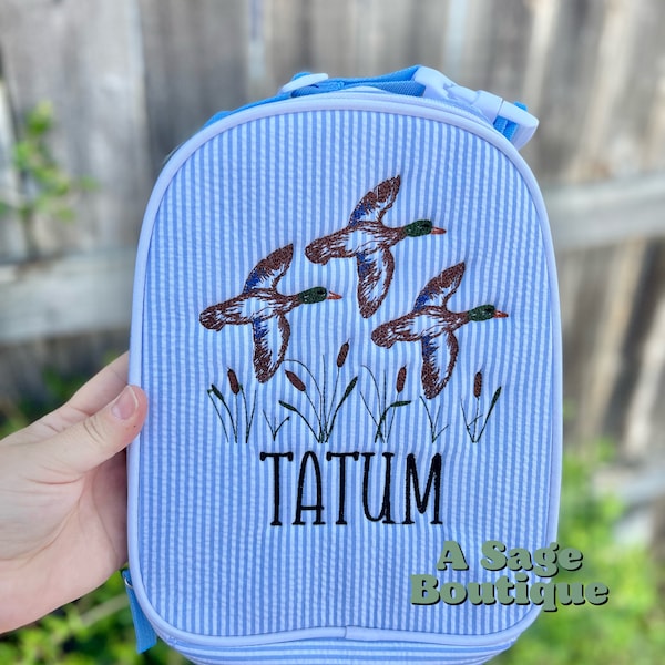 Embroidered Seersucker lunch box  - mallard ducks - swamp - kids lunch box - lunch bag - adult lunch box - embroidered lunch box -embroidery