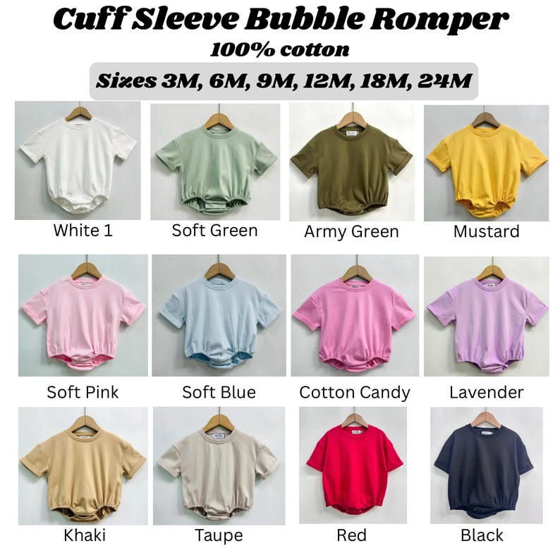 May include: A display of baby rompers in various colors, including white, green, army green, mustard, pink, blue, cotton candy, lavender, khaki, taupe, red, and black. The text "Cuff Sleeve Bubble Romper" and "100% cotton" are at the top, with size options listed below.