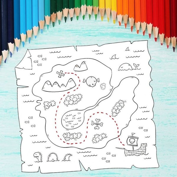 INSTANT DOWNLOAD Treasure map pirates coloring children draw paper party pirate island digital download ready to print
