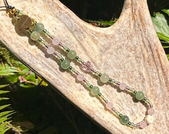 FOREST GARDEN | Mobile Phone Charm | Green,  Pastel Pink | Ox Bone, Aventurine, Rose Quartz Beads | Cottagecore | Egirl