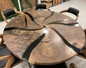 Handmade Dark Walnut Round Dining Table with Black Epoxy