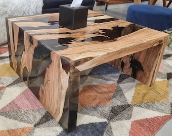 Handmade Olive Wood Epoxy Waterfall Table - Smoke Gray Resin