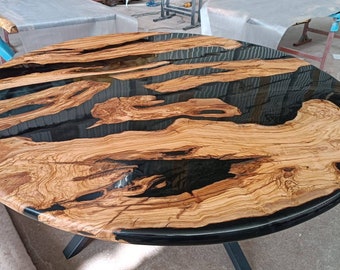 Handmade Glossy Black Epoxy Olive Wood Round Table