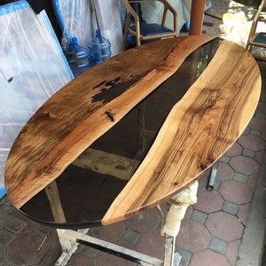 Handmade Dark Walnut Epoxy Table: Oval Smokey Gray Resin