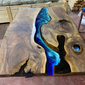 Live Edge Dining Table | Turquoise Wavy Epoxy Table | Natural Walnut Wood Epoxy Wood | River Resin Table | Handmade Furniture | Coffee Table