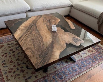 Handmade Square Walnut Coffee Table: Dark Smoke Gray Epoxy Resin
