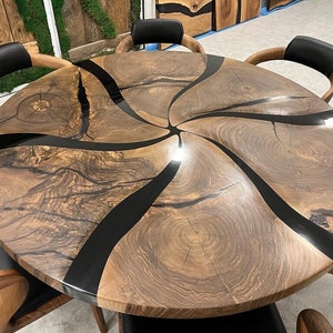 Custom Made Dark Walnut Wood Black Epoxy Round Dining Table - Dining Room Table - Diameter Kitchen Table - Round Coffee Table - Resin Table