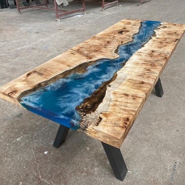 Poplar Wood Transparent Ocean Blue River Resin Table - Dining Table - Coffee Table - Kitchen Table - Straight Edge Wood Epoxy Table