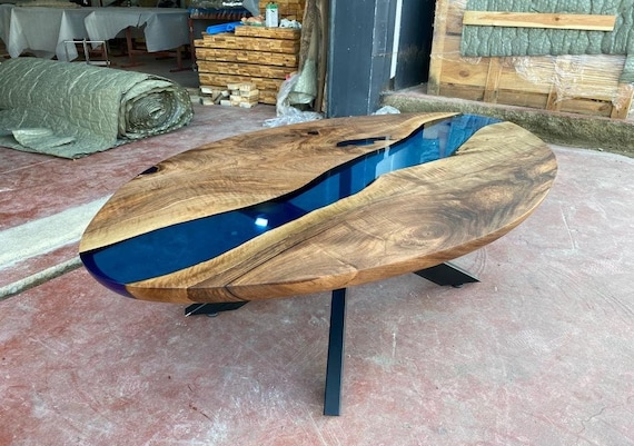 Oval Dining Table Epoxy Table Walnut Wood Transparent Blue Epoxy