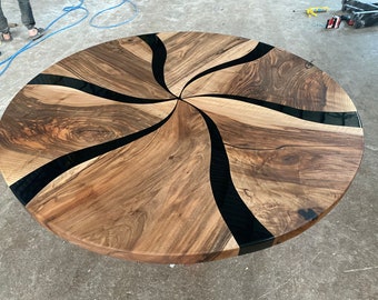 Custom Made Dark Walnut Wood Black Epoxy Round Dining Table - Dining Room Table - Diameter Kitchen Table - Round Coffee Table - Wooden Legs