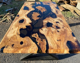 Handmade Olive Wood Epoxy Table: Smoke Gray Live Edge Design