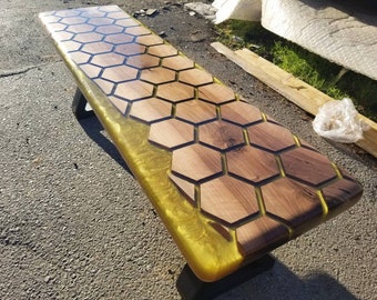 Hexagon Honeycomb Design Yellow Resin Walnut Wood Bench