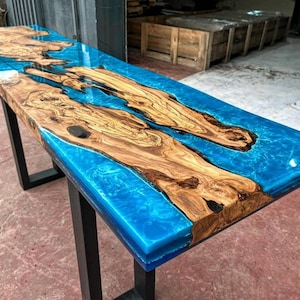 Olive Wood White Wavy Blue Epoxy Table / Pub Table