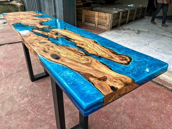 Olive Wood White Wavy Blue Epoxy Table / Pub Table