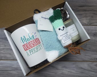 Hug in a box sunshine gift, Positive emotional support crochet potato pickle vegetable, Self Care Gift Set, Blanket in a box gift set