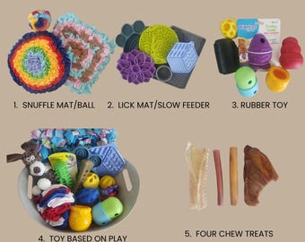 Pup package Custom dog canine enrichment box, Dog treats Bully stick holder snuffle mat lick mat, No subscription dog box dog enrichment
