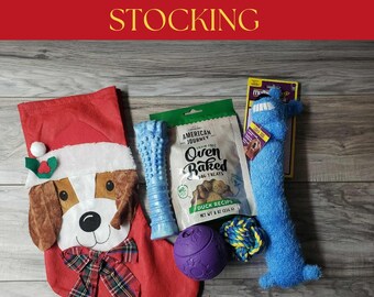 Custom Christmas Pup Package, Dog Puppy Toy Treat Filled Christmas Stocking, 5-Piece Surprise Christmas Stocking Gift for Big or Small Dog