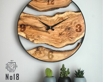 Olive Wood Wall Clock With Metal Frame, Housewarming Gift, Farmhouse Clock, Olive Wood Wall Clock, Home Gift, Birthday Gift