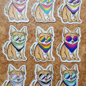 Könnte beinhalten: Neun Aufkleber mit einem Cartoon-Chihuahua, der eine Sonnenbrille und ein Bandana mit verschiedenen Pride-Flaggen trägt. Die Flaggen umfassen die Transgender-, Pansexual-, Asexual-, Lesbian-, Gay-, Bisexual-, Non-Binary- und Genderfluid-Flaggen.