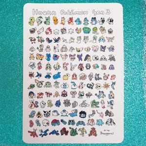 Könnte beinhalten: Ein weißer, rechteckiger Aufkleber mit abgerundeten Ecken, der zahlreiche farbenfrohe Zeichentrickfiguren aus der Hoenn Pokémon Gen 3-Serie zeigt. Der Text "Hoenn Pokémon Gen 3" befindet sich oben.