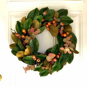 Rustic Magnolia Leaf Wreath: Orange Berries with Acorns, Fall front Decor