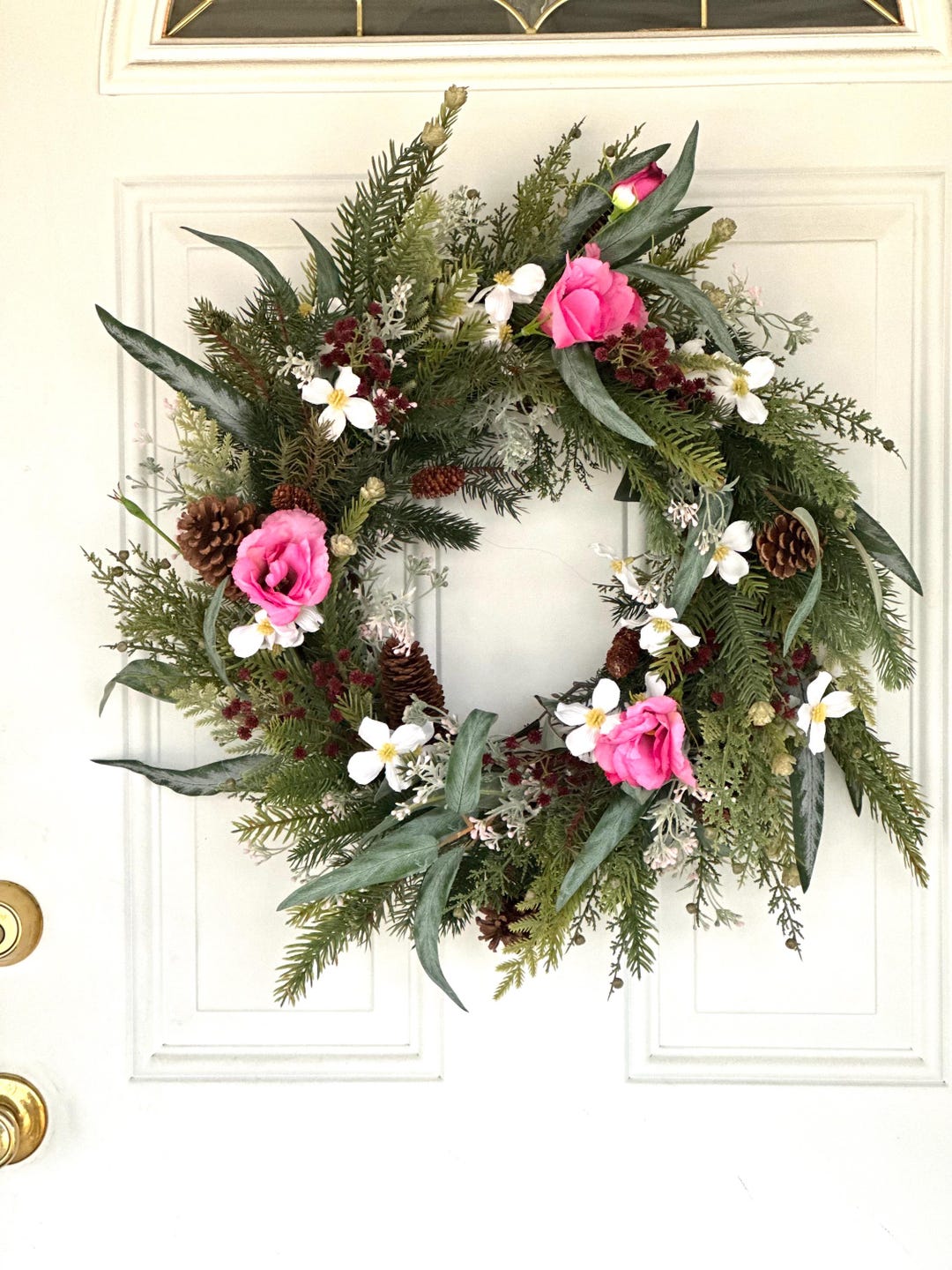 Pink Floral Wreath With Evergreens and White Flowers, Rustic Cottage ...