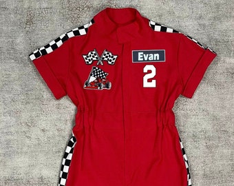 Red Checkered Sides Short Sleeves Shorts Custom Personalized Unisex Racing Suit Birthday Gift Photo Props halloween costume